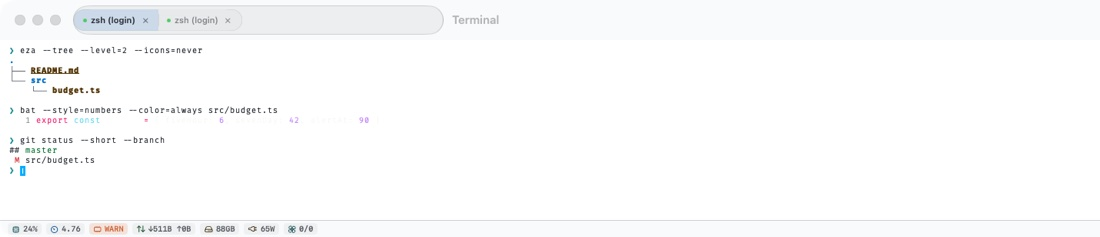 Terminal running a shell with two native tabs, a file tree, Git output, and system telemetry in the status bar.